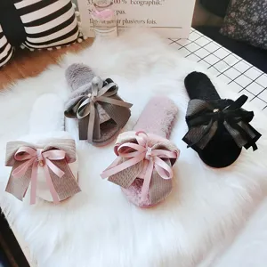 Women winter plush open toe slippers with handmade bow cozy indoor anti slip footwear