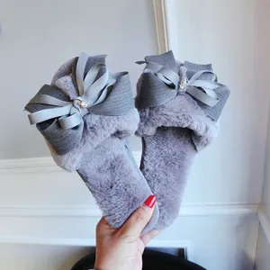 Cozy plush open toe slippers featuring elegant handmade bows, warm winter home shoes for women.