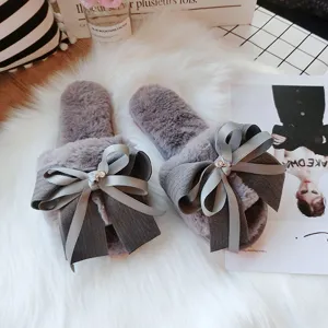 Women plush open-toe home slippers with elegant bowknot, warm and anti-slip winter indoor shoes.