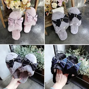 Women's Cute Bow Fuzzy Slippers Warm Faux Wool Indoor House Shoes Comfortable Slip-On Cotton Slippers
