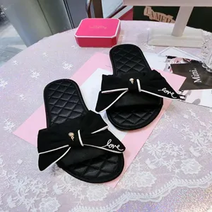 Femmes satin nœud pantoufles doux noir plat sandales perle décor élégant chaussures tissu