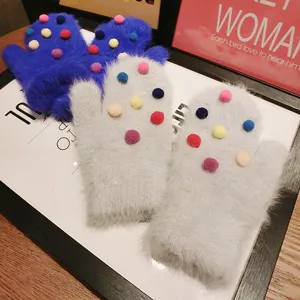 Women's Cute Rabbit Fur Winter Gloves Colorful Pom Pom Knitted Mittens Warm Cold Weather Fashion Accessories