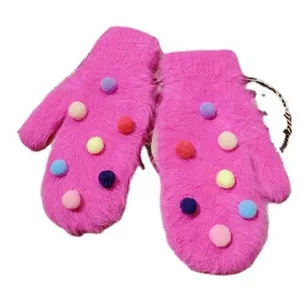 Cute pink fuzzy mittens with colorful pom-poms winter warm gloves sweet style fashion accessories