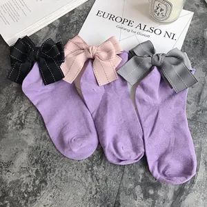 Cute purple cotton socks featuring large bows in black pink and grey sweet style casual hosiery