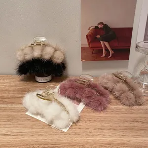 Pince a cheveux en veritable fourrure de vison pelucheuse grands accessoires pour femmes