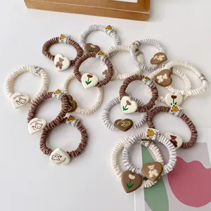 Cute cartoon bear and tulip pleated hair scrunchies set, elastic hair ties accessories.