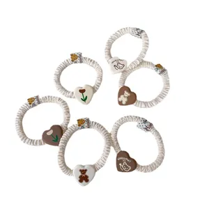Cute cartoon bear tulip heart charm pleated hair scrunchies set for women and girls daily wear
