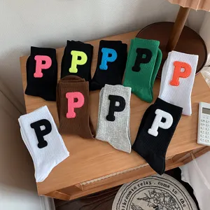 Women Korean Style Mid Calf Socks Cotton Slouch Socks With Colorful Embroidered Letter Patch Daily Warm Casual Hosiery