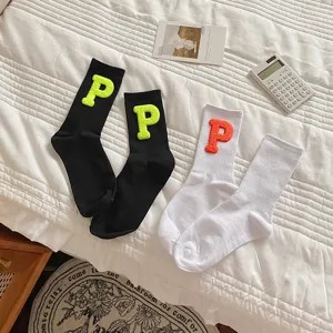 Women casual mid tube socks with colorful embroidered letter patch cozy terry fabric daily wear