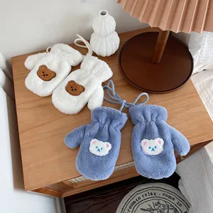 Children plush warm mittens winter cute bear embroidery hanging neck gloves thick cozy toddler