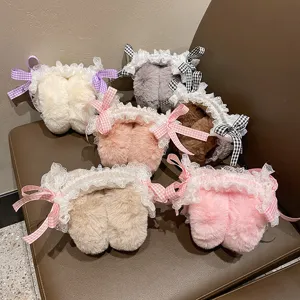 Doux Lolita Peluche Cache-oreilles Hiver Chaud Fausse Fourrure Chauffe-oreilles Avec Maille Dentelle Nœud Filles Mignon Accessoires