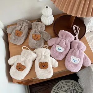 Children plush warm gloves cute bear embroidery winter thick mittens with neck strap cozy