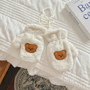 Winter kids warm plush mittens cute bear embroidery thick fleece baby gloves new