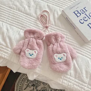 Winter cute plush bear children mittens with neck hanging string, soft warm fuzzy baby gloves.