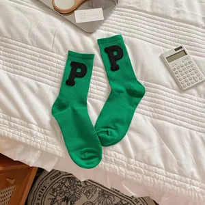 Green mid-tube terry socks with black letter P patch casual daily warm women socks
