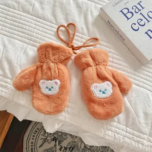 Cute kids winter plush gloves with bear embroidery, fleece-lined warm hanging neck mittens.