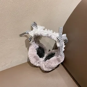 Chauffe-oreilles duveteux Lolita japonais avec dentelle en maille et nœuds à carreaux.