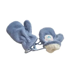 Cute winter warm fleece-lined baby mittens with neck strap, plush embroidered cute gloves.