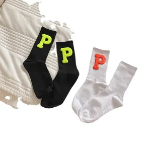 Korean style fashion mid-tube cotton socks with colorful embroidery letter P towel loop warm socks