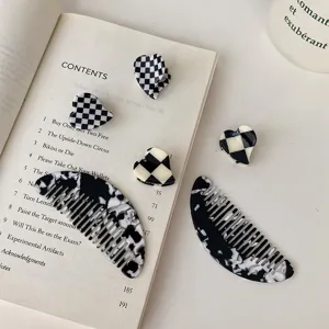 Korean vintage acetate hair claws and geometric combs set, trendy cute checkered design.