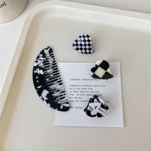 Vintage Geometric Cellulose Acetate Hair Comb Heart Claw Clip Set Black White Hair Accessories For Women