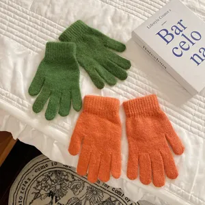 Winter warm rabbit hair knitted five-finger gloves for women cozy soft solid color mittens.