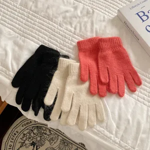 Cozy winter rabbit hair knit five-finger gloves in solid colors for women warm and versatile.