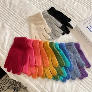 Winter warm plush five-finger gloves in various solid colors, soft knit wool for women.