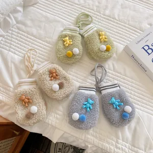 Winter warm baby mittens cute lamb wool plush gloves with strap and bear decor toddler items