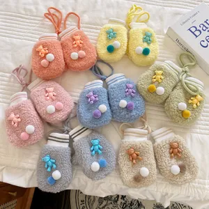Cute winter baby lamb fleece mittens with cartoon bear and pom pom warm thick gloves for kids