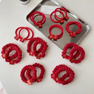 Red Chinese New Year Hair Scrunchies Vintage Embroidered Festive Elastic Hair Ropes Hair Accessories For Women