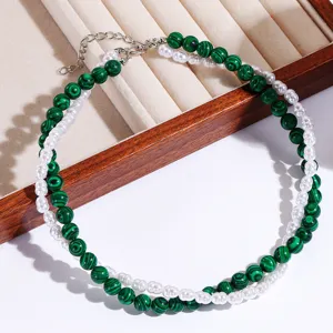 Vintage double layer necklace with green malachite beads and white faux pearls for women.