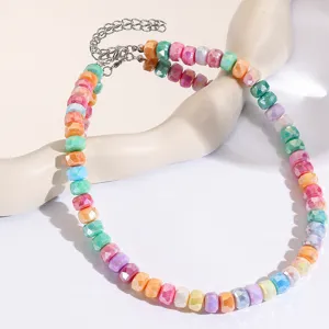 Colorful glass bead choker necklace, vibrant macaron gradient tones, perfect summer jewelry detail view.