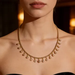 French style gold beaded chain necklace with sparkling zircon drop pendants for women.