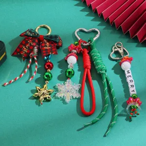 Christmas keychain set with plaid bow, snowflake pendant, woven strap and letter beads.