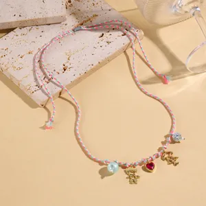 Sweet style children woven necklace with cute heart and doll charms for summer daily wear