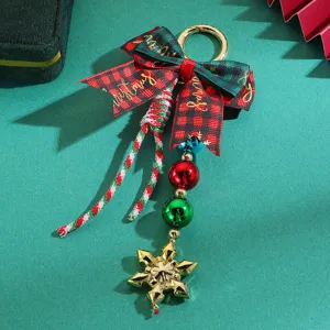 Christmas snowflake braided keychain bag charm with plaid bow and colorful beads detail view.