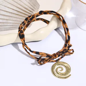 Fashion leopard print fabric necklace with gold spiral pendant stylish autumn accessory