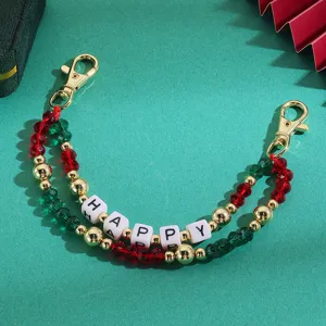 Christmas beaded bag charm keychain, red green crystal metal lanyard strap with happy letters.