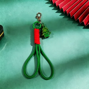 Christmas tree braided keychain bag charm festive green red strap metal clasp pendant gift