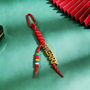 Christmas woven keychain strap with metal carabiner, colorful beads, and gold MERRY letters.