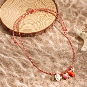 Resort style red braided rope necklace with seashell star fish pendants for women summer beach