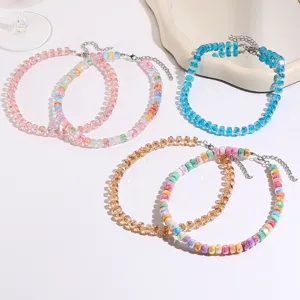 Summer dopamine gradient glass beaded necklace set, colorful flat bead choker jewelry for women.