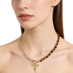 Chic metal chain and brown beaded bow pendant necklace for women daily fashion wear