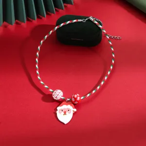 Christmas Santa Claus pendant necklace with colorful braided rope and festive holiday beads.