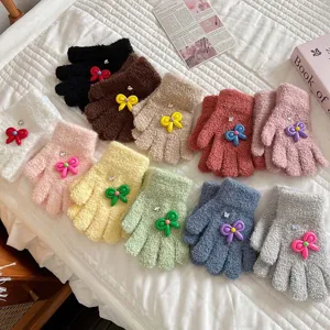 Kids Coral Fleece Gloves Cute Bow Winter Warm Five-Finger Gloves Cartoon Children Thermal Mittens Accessories