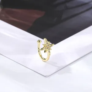 Gold starfish ear cuff, non-piercing U-shaped fake nose ring, delicate crystal fashion jewelry.