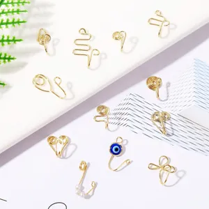 Gold clip-on fake nose rings set, handmade wire wrap non-piercing septum cuffs for women.