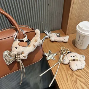 Cute Plush Dachshund Dog Keychain With Bow Pearl Bag Pendant Cartoon Animal Car Key Ring Handbag Decoration Gift