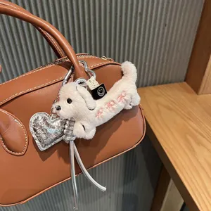 Cute plush dachshund dog keychain bag charm with silver heart pendant for daily style